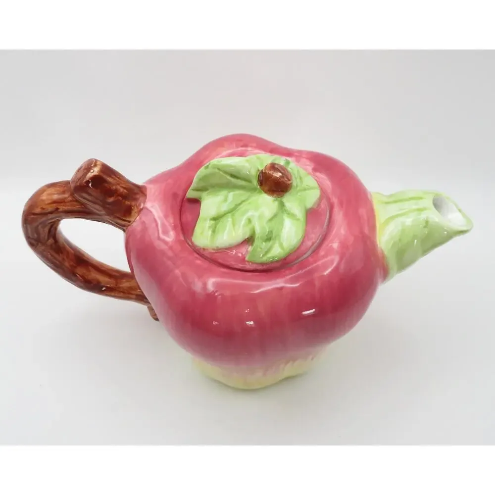 Vintage Apple Shaped Ceramic Teapot Single Serve Reddish Pink and Green 8 Oz